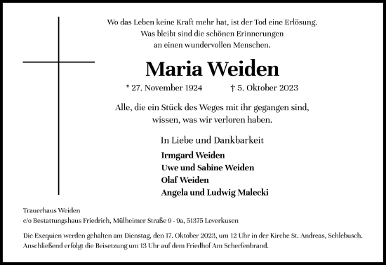Anzeige von Maria Weiden von Kölner Stadt-Anzeiger / Kölnische Rundschau / Express