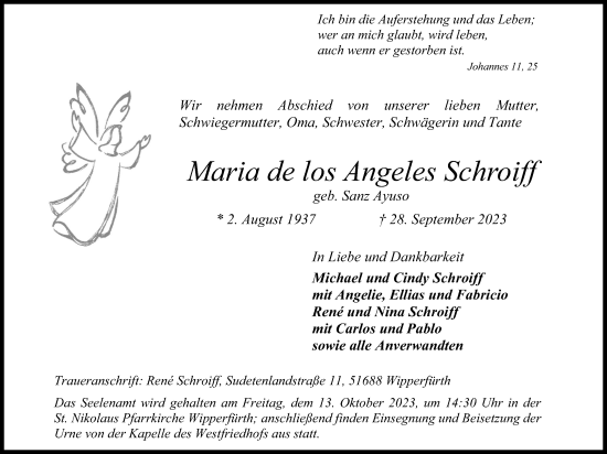 Anzeige von Maria de los Angeles Schroiff von Kölner Stadt-Anzeiger / Kölnische Rundschau / Express