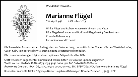 Anzeige von Marianne Flügel von Kölner Stadt-Anzeiger / Kölnische Rundschau / Express