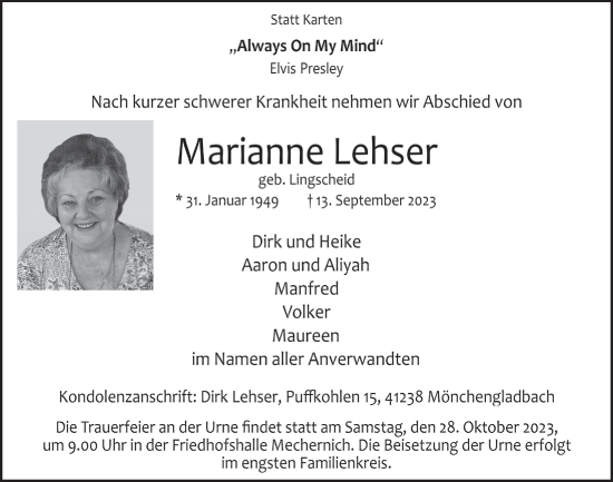 Anzeige von Marianne Lehser von  Blickpunkt Euskirchen 
