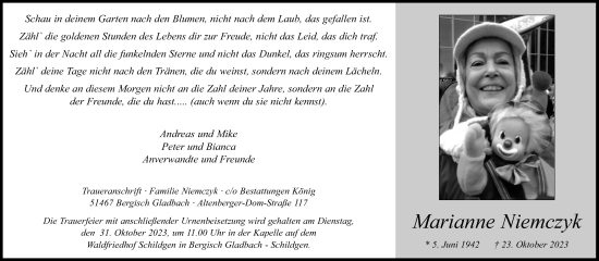 Anzeige von Marianne Niemczyk von Kölner Stadt-Anzeiger / Kölnische Rundschau / Express