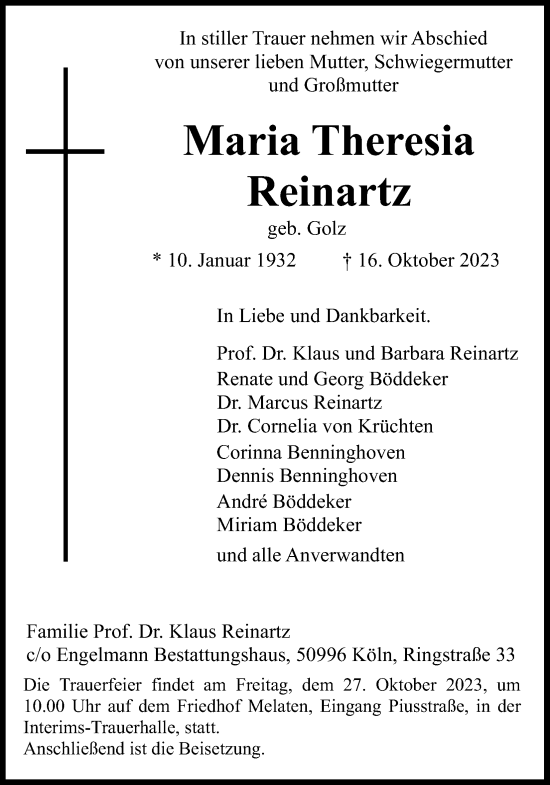 Anzeige von Maria Theresia Reinartz von Kölner Stadt-Anzeiger / Kölnische Rundschau / Express