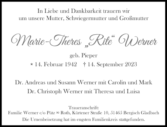 Anzeige von Marie-Theres Werner von Kölner Stadt-Anzeiger / Kölnische Rundschau / Express