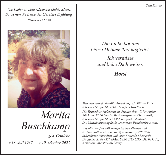 Anzeige von Marita zuBuschkamp von Kölner Stadt-Anzeiger / Kölnische Rundschau / Express