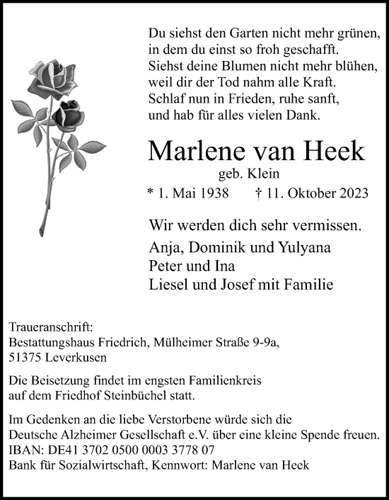Anzeige von Marlene van Heek von Kölner Stadt-Anzeiger / Kölnische Rundschau / Express
