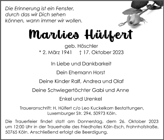 Anzeige von Marlies Hülfert von Kölner Stadt-Anzeiger / Kölnische Rundschau / Express