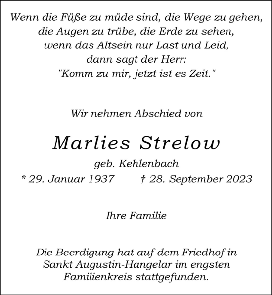 Anzeige von Marlies Strelow von  Extra Blatt 
