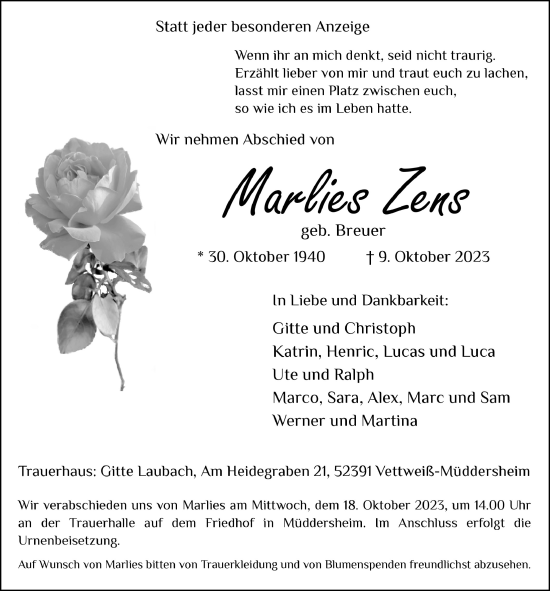 Anzeige von Marlies Zens von  Blickpunkt Euskirchen 
