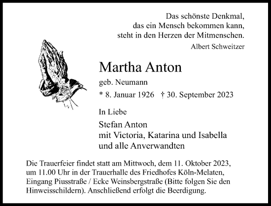 Anzeige von Martha Anton von Kölner Stadt-Anzeiger / Kölnische Rundschau / Express