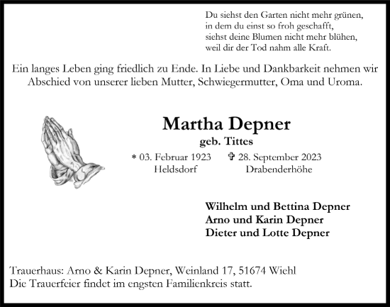 Anzeige von Martha Depner von  Anzeigen Echo 