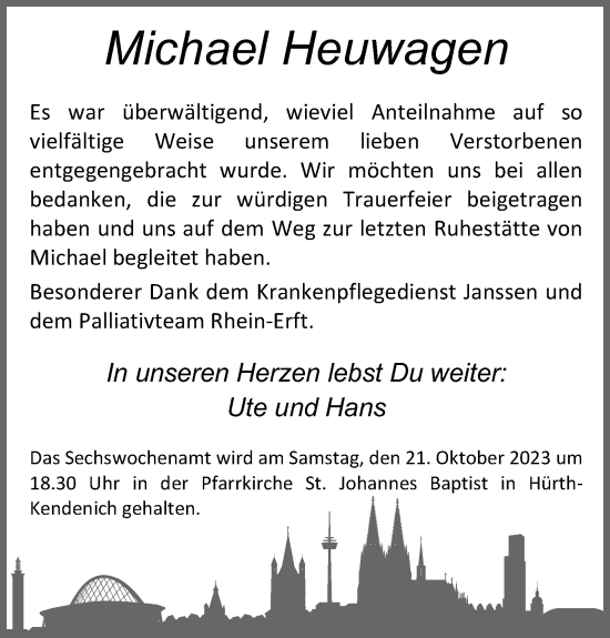 Anzeige von Michael Heuwagen von Kölner Stadt-Anzeiger / Kölnische Rundschau / Express