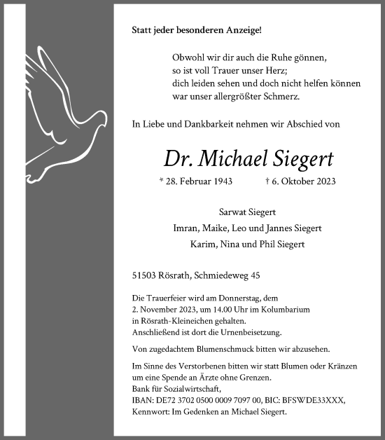 Anzeige von Michael Siegert von Kölner Stadt-Anzeiger / Kölnische Rundschau / Express
