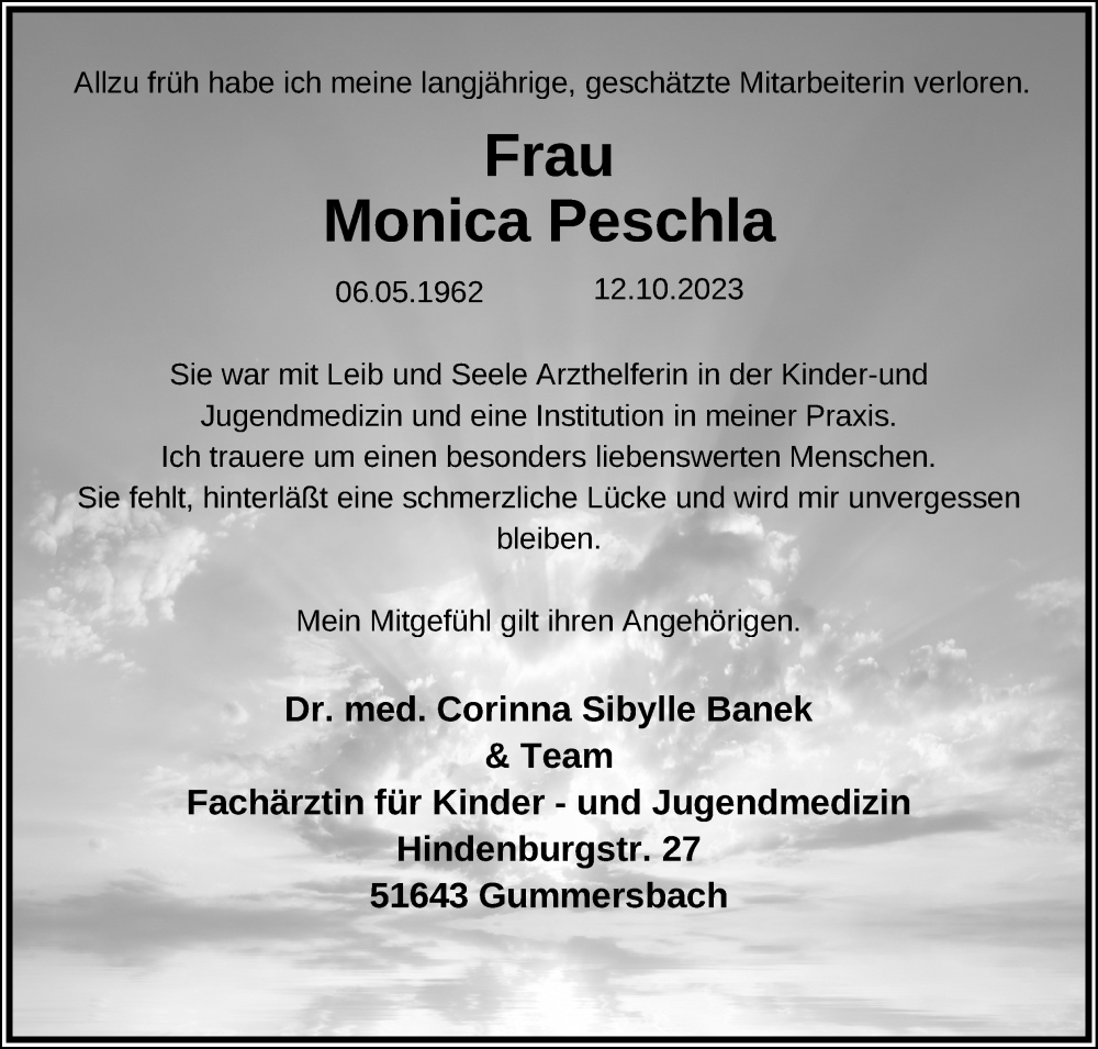  Traueranzeige für Monica Peschla vom 21.10.2023 aus Kölner Stadt-Anzeiger / Kölnische Rundschau / Express