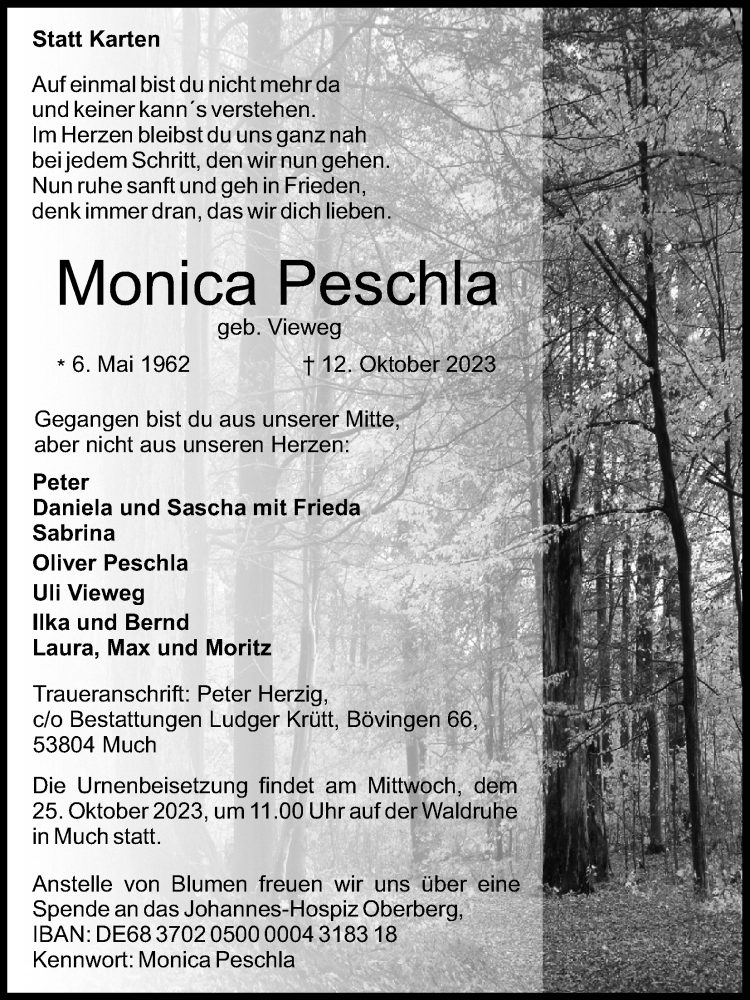  Traueranzeige für Monica Peschla vom 21.10.2023 aus Kölner Stadt-Anzeiger / Kölnische Rundschau / Express