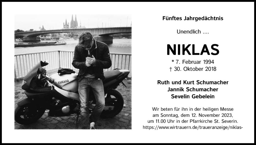  Traueranzeige für Niklas  vom 28.10.2023 aus Kölner Stadt-Anzeiger / Kölnische Rundschau / Express