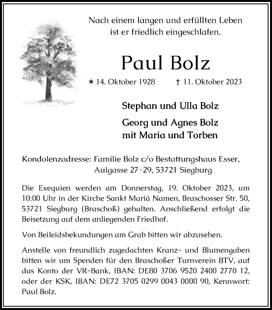 Anzeige von Paul Bolz von Kölner Stadt-Anzeiger / Kölnische Rundschau / Express
