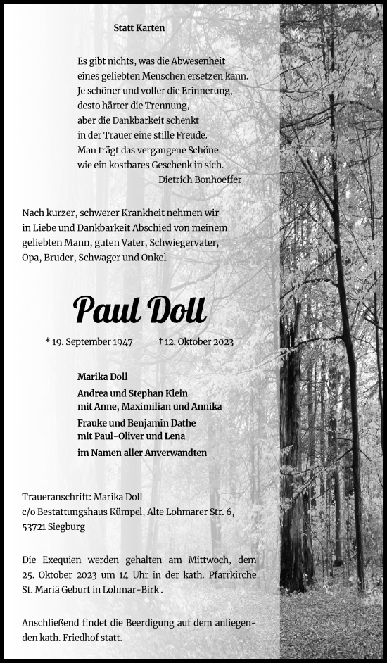 Anzeige von Paul Doll von Kölner Stadt-Anzeiger / Kölnische Rundschau / Express