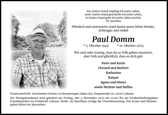 Anzeige von Paul Domm von Kölner Stadt-Anzeiger / Kölnische Rundschau / Express