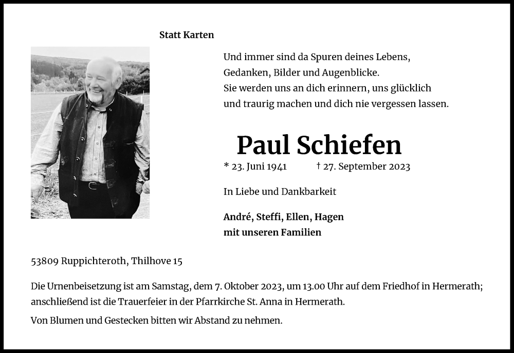  Traueranzeige für Paul Schiefen vom 06.10.2023 aus Kölner Stadt-Anzeiger / Kölnische Rundschau / Express