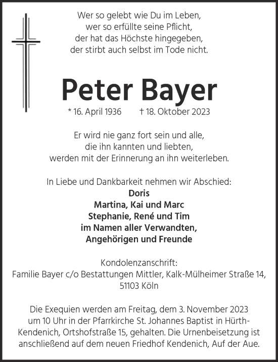 Anzeige von Peter Bayer von  Wochenende 