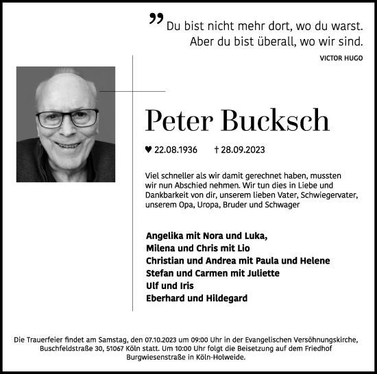 Anzeige von Peter Bucksch von Kölner Stadt-Anzeiger / Kölnische Rundschau / Express