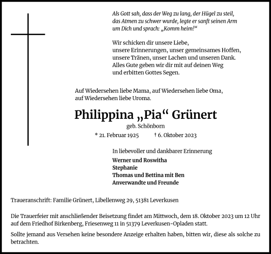 Anzeige von Philippina Grünert von Kölner Stadt-Anzeiger / Kölnische Rundschau / Express