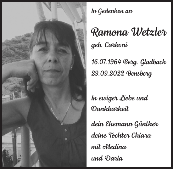 Anzeige von Ramona Wetzler von  Bergisches Handelsblatt 