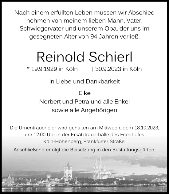 Anzeige von Reinold Schierl von Kölner Stadt-Anzeiger / Kölnische Rundschau / Express