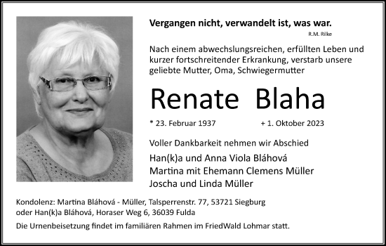 Anzeige von Renate Blaha von Kölner Stadt-Anzeiger / Kölnische Rundschau / Express