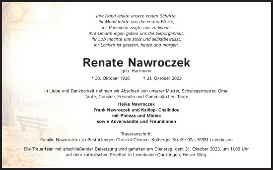 Anzeige von Renate Nawroczek von Kölner Stadt-Anzeiger / Kölnische Rundschau / Express