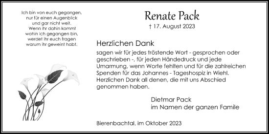 Anzeige von Renate Pack von Kölner Stadt-Anzeiger / Kölnische Rundschau / Express