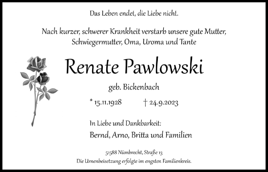 Anzeige von Renate Pawlowski von  Lokalanzeiger 