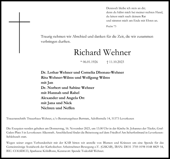 Anzeige von Richard Wehner von Kölner Stadt-Anzeiger / Kölnische Rundschau / Express