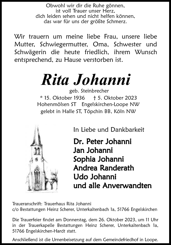 Anzeige von Rita Johanni von Kölner Stadt-Anzeiger / Kölnische Rundschau / Express
