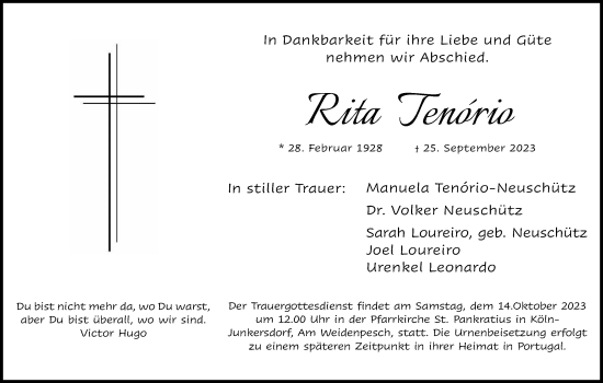 Anzeige von Rita Tenório von Kölner Stadt-Anzeiger / Kölnische Rundschau / Express
