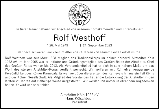 Anzeige von Rolf Westhoff von Kölner Stadt-Anzeiger / Kölnische Rundschau / Express