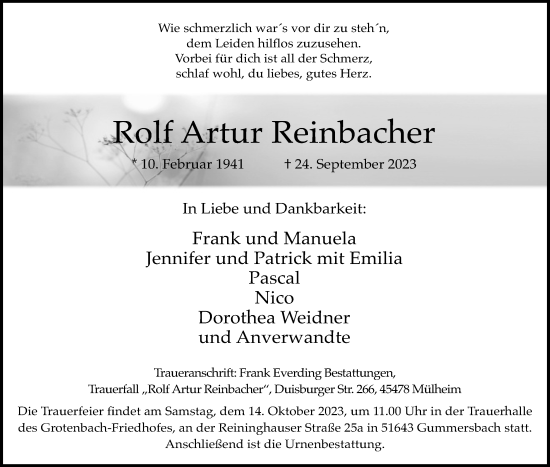 Anzeige von Rolf Artur Reinbacher von Kölner Stadt-Anzeiger / Kölnische Rundschau / Express