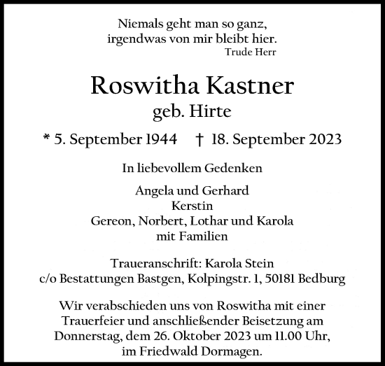 Anzeige von Roswitha Kastner von Kölner Stadt-Anzeiger / Kölnische Rundschau / Express