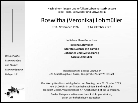 Anzeige von Roswitha Lohmüller von Kölner Stadt-Anzeiger / Kölnische Rundschau / Express