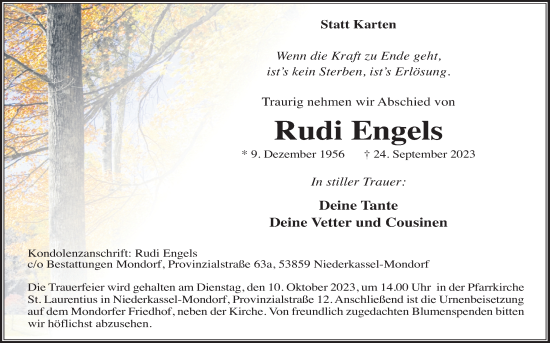Anzeige von Rudi Engels von Kölner Stadt-Anzeiger / Kölnische Rundschau / Express