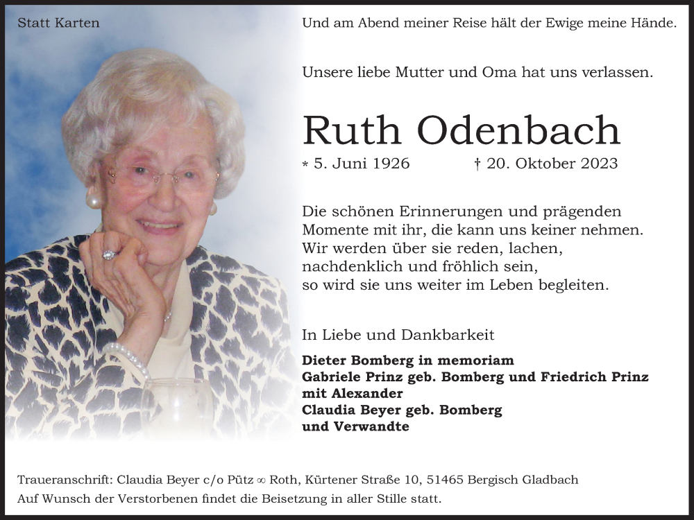  Traueranzeige für Ruth Odenbach vom 28.10.2023 aus Kölner Stadt-Anzeiger / Kölnische Rundschau / Express