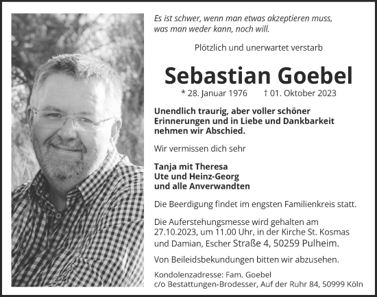 Anzeige von Sebastian Goebel von  Wochenende 