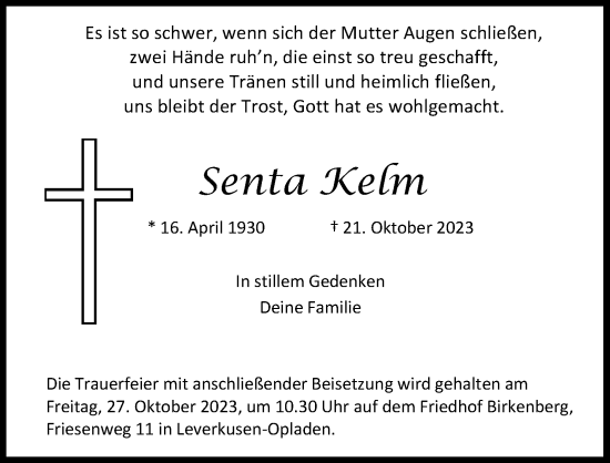Anzeige von Senta Kelm von Kölner Stadt-Anzeiger / Kölnische Rundschau / Express