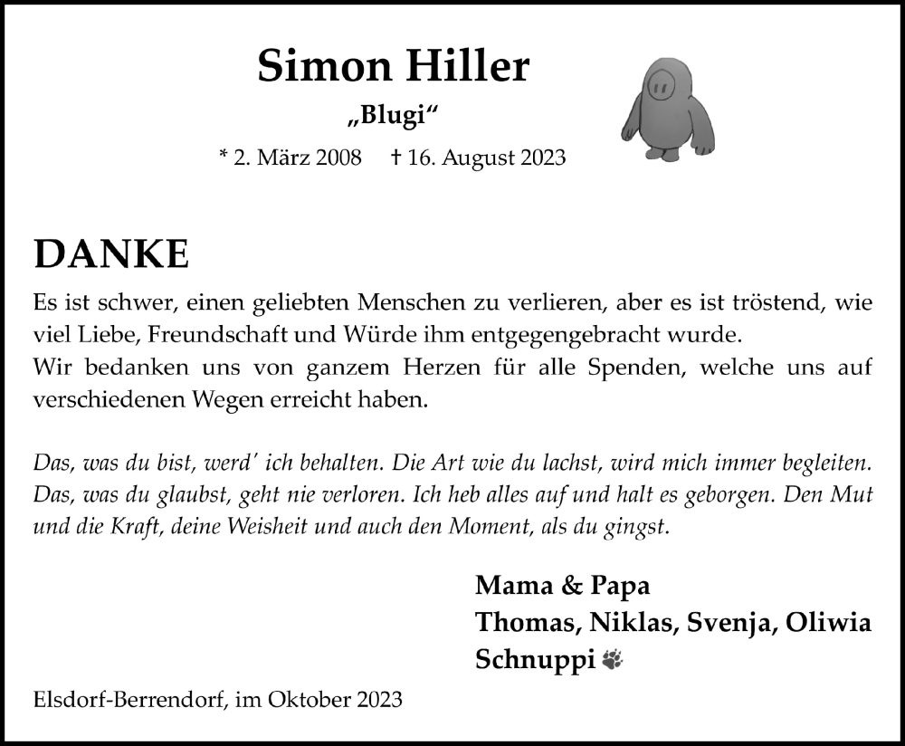  Traueranzeige für Simon Hiller vom 27.10.2023 aus  Werbepost 