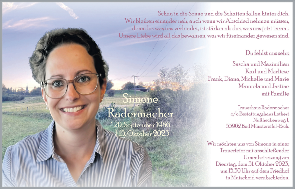  Traueranzeige für Simone Radermacher vom 21.10.2023 aus  Blickpunkt Euskirchen 