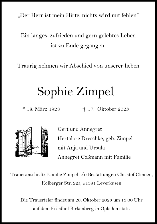 Anzeige von Sophie Zimpel von Kölner Stadt-Anzeiger / Kölnische Rundschau / Express