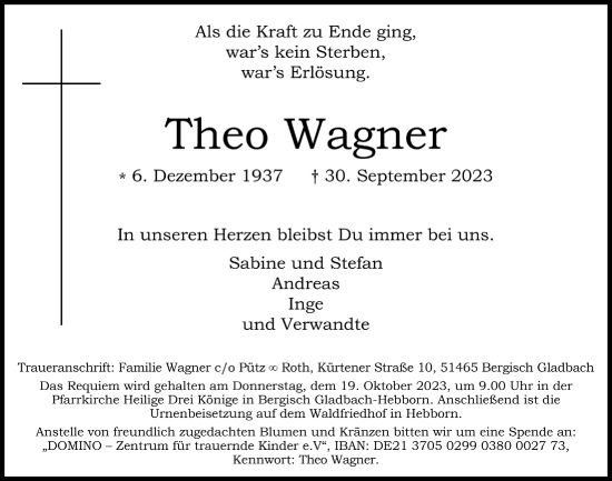 Anzeige von Theo Wagner von  Bergisches Handelsblatt 