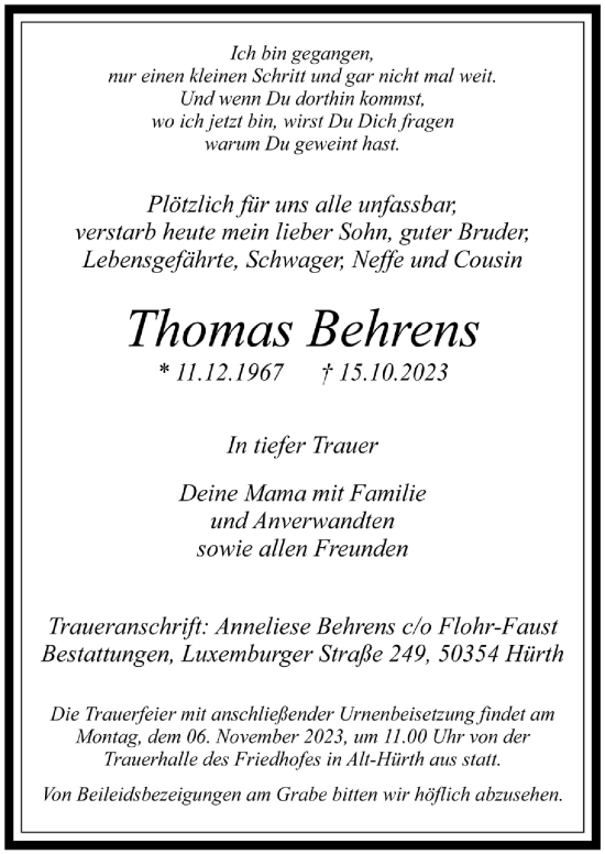Anzeige von Thomas Behrens von  Wochenende 