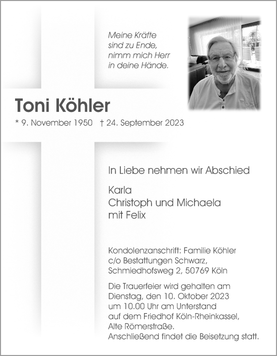 Anzeige von Toni Köhler von Kölner Stadt-Anzeiger / Kölnische Rundschau / Express