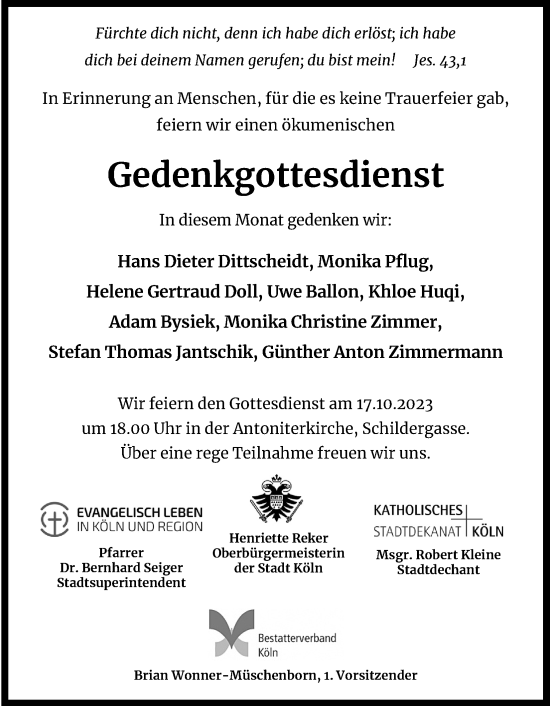 Anzeige von Totentafel vom 14.10.2023 von Kölner Stadt-Anzeiger / Kölnische Rundschau / Express